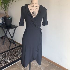 AQUA Black Bell Short Sleeve Wrap Dress